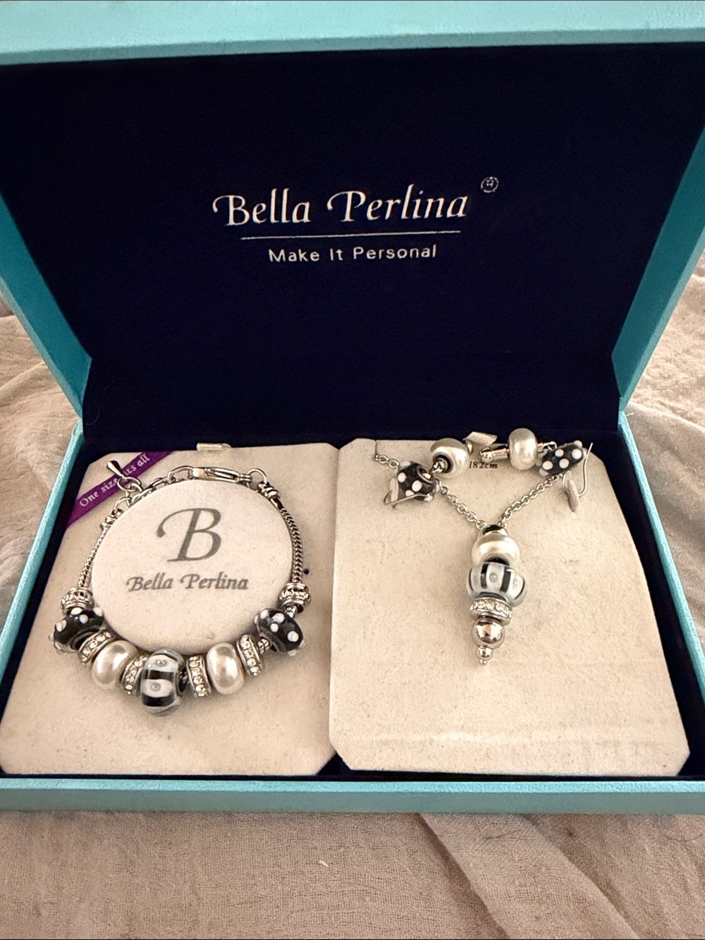 bella Perlina Silver and Black Charm Bracelet with Matching Necklace and earring